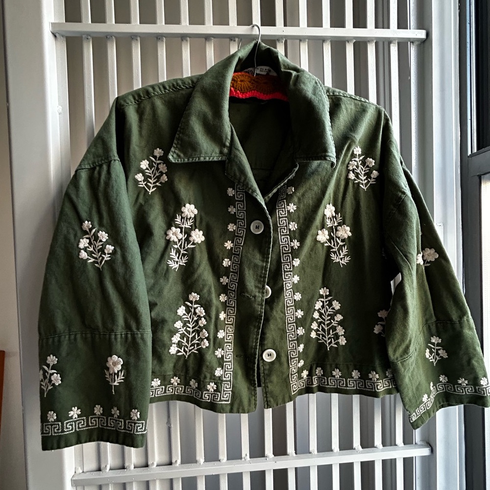 Embroidered Green Bolero Cropped Cotton Jacket
